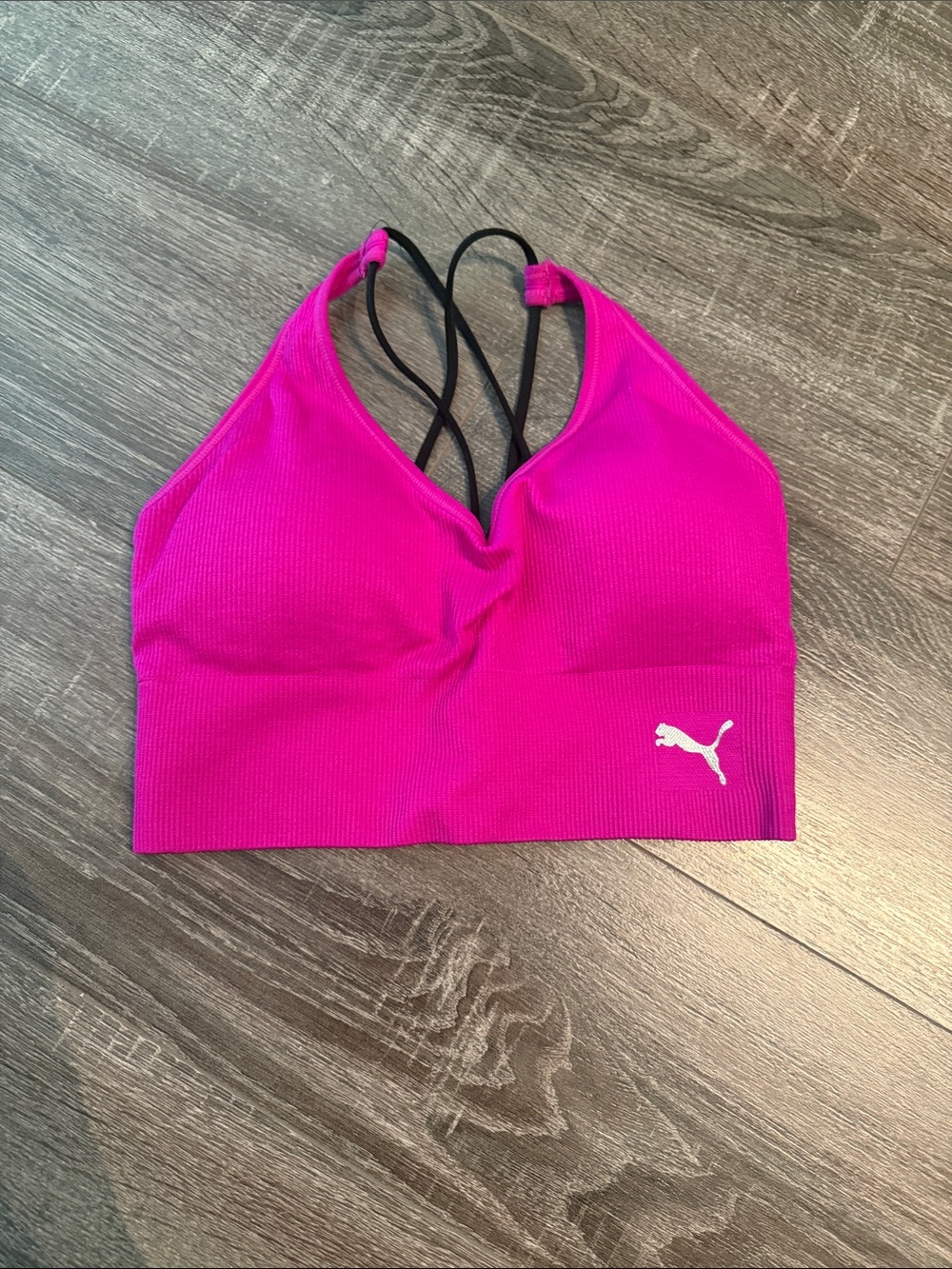 Puma Hot Pink Ribbed Sports Bralette with Black Strappy Back